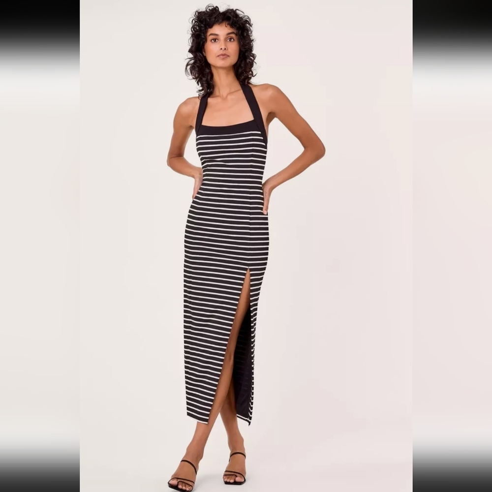 New!  Nicholas Jane Dress Striped Halter Knit Midi in Black/milk Sm